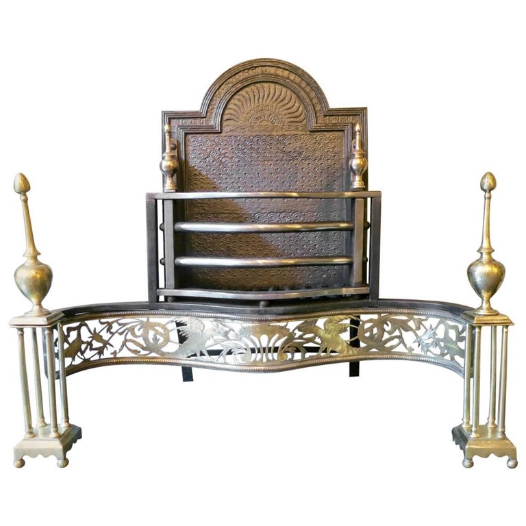 Antique English Brass and Wrought Iron Fire Grate For Sale at 1stDibs