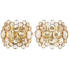 Vintage Pair of Gold-Plated Brass and Crystal Glass Wall Lamps Sconces by Palwa, 1960