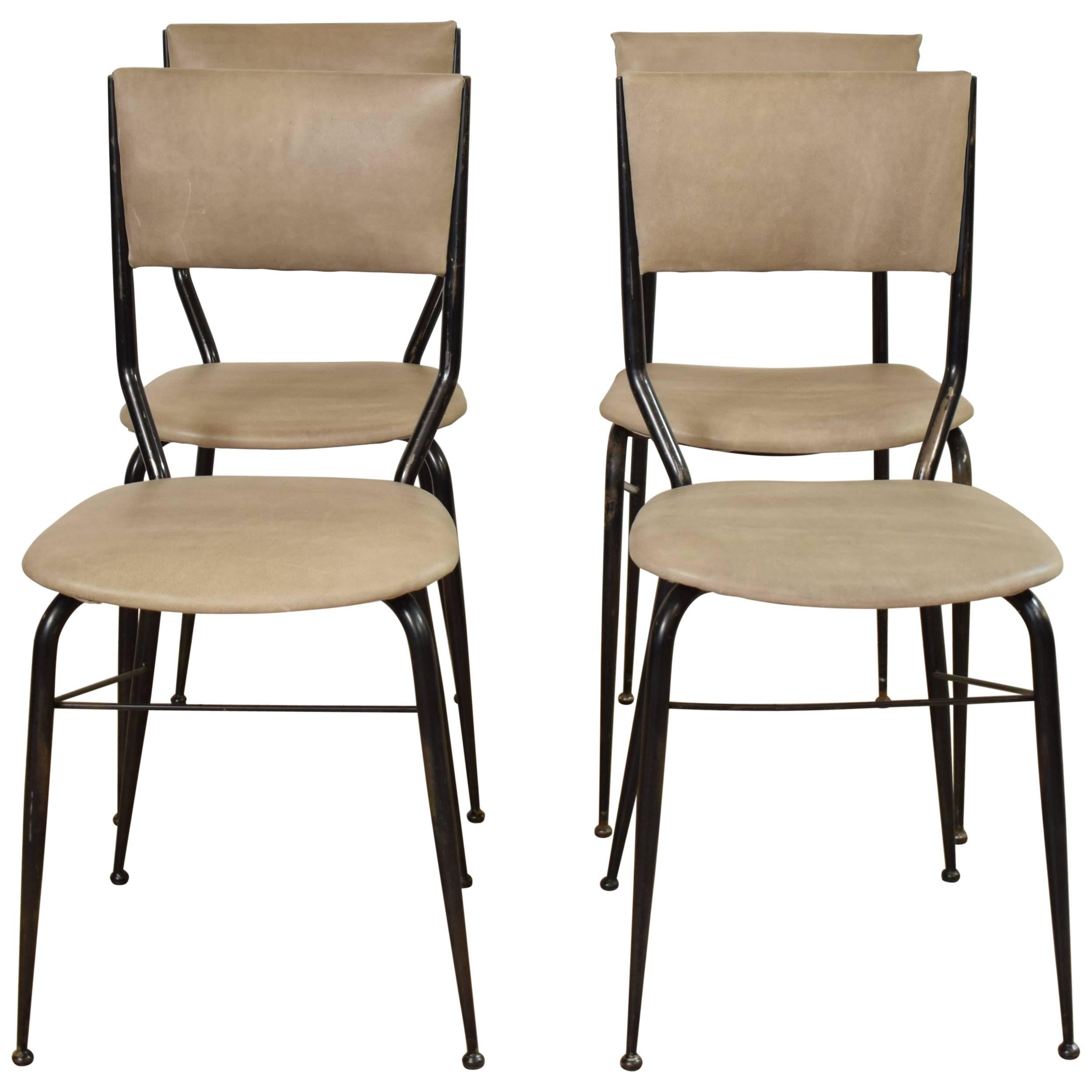 Midcentury Italian Metal and Leather Dining Chairs, Set of Four