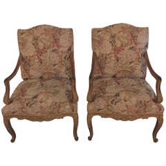 Pair of Distressed Finely Carved Louis XV Style Fauteuils Manner Jansen