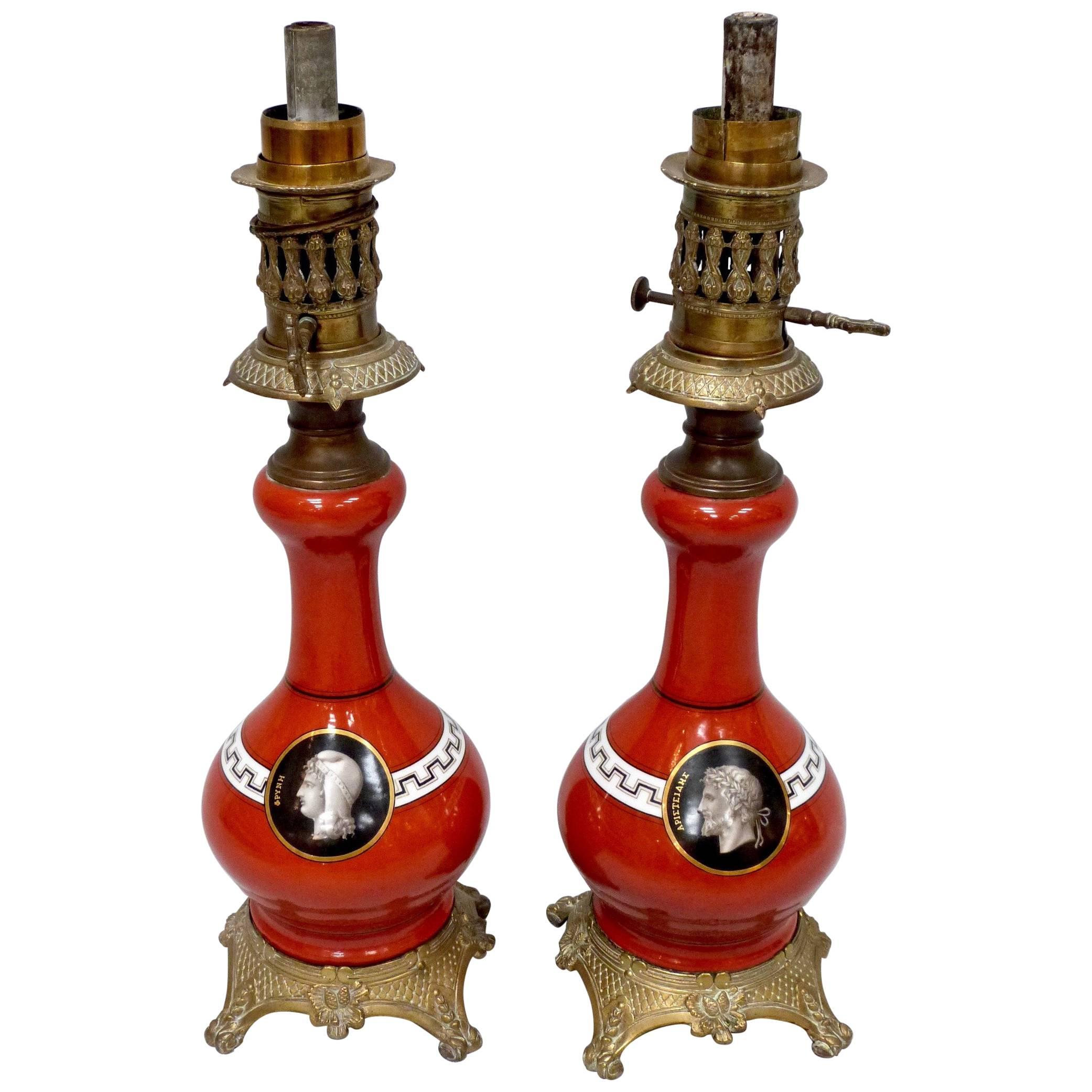 Pair of Late 19th Century Etruscan Oil Lamps Converted to Electricity