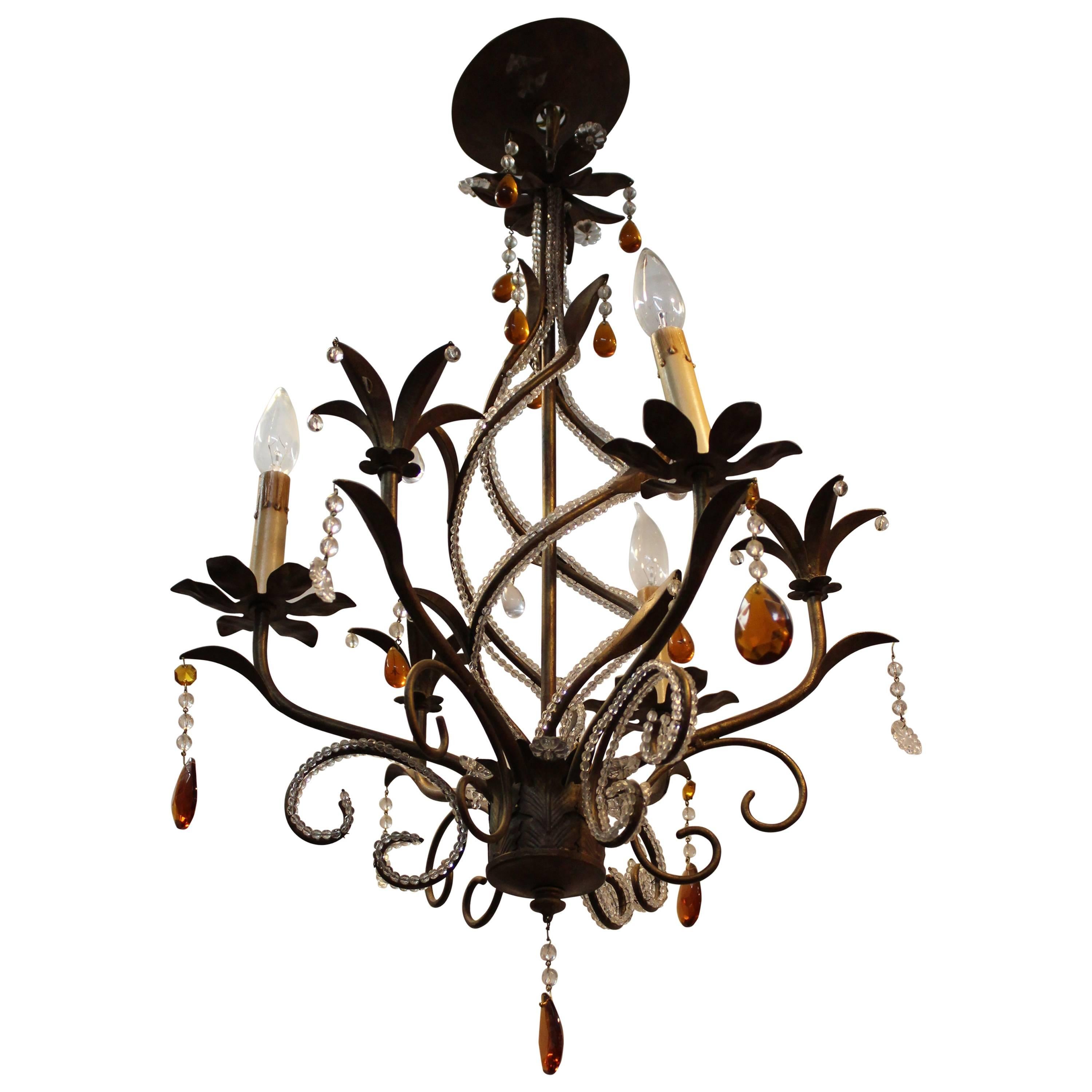 Patinated Brass and Orange Crystal Drop Chandelier