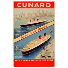 Vintage Original Cunard Poster - Europe To All America - Queen Mary And Queen Elizabeth