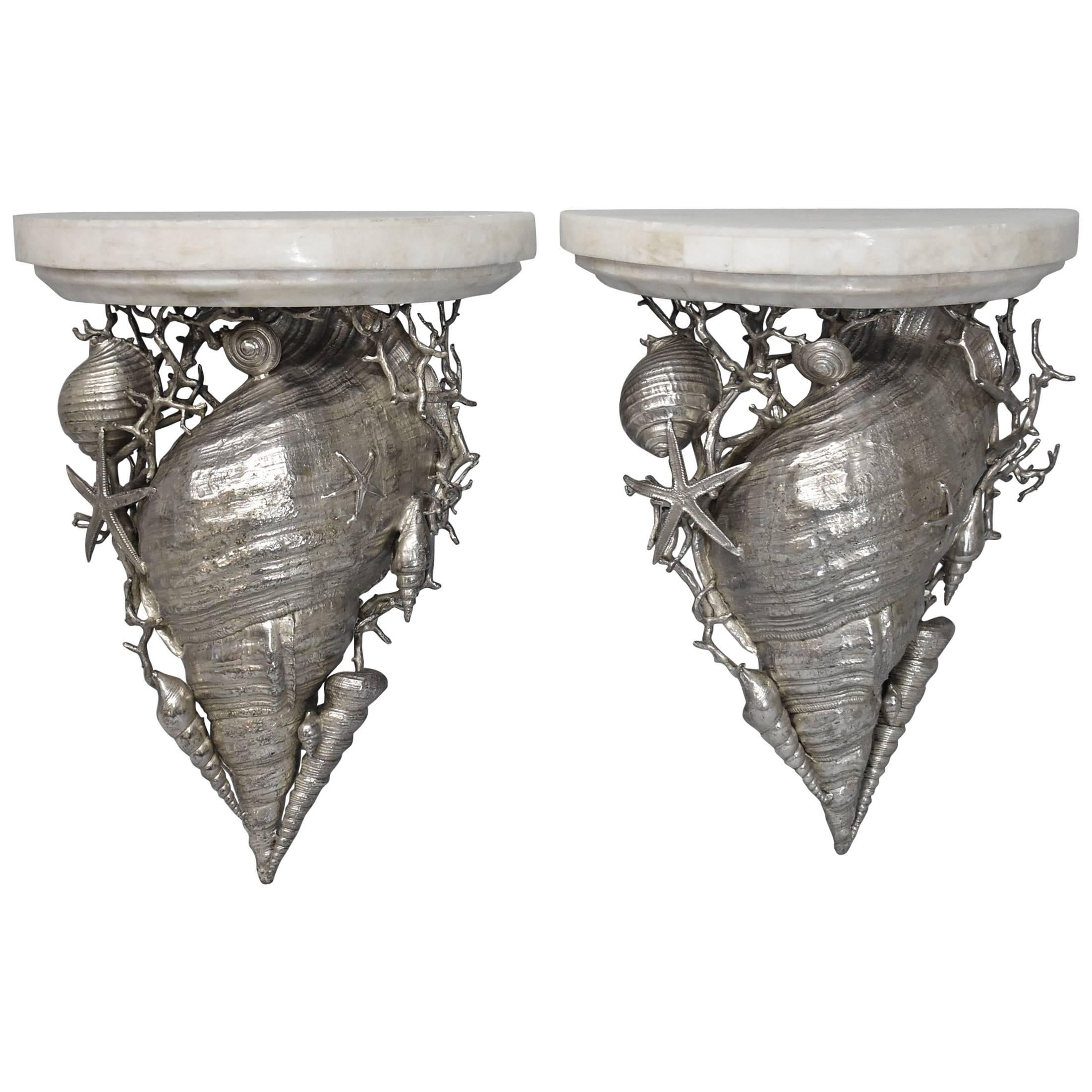 Pair of Marble-Top Silver Plated Brass Shell Wall Shelves by Maitland Smith