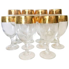1980'S Italian Crystal & 22-Karat Gold Stem Drink Glasses, S/10