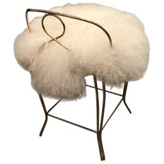 Mid-Century Modern Hollywood Regency Glam Mongolian Fur and Brass Vanity Stool