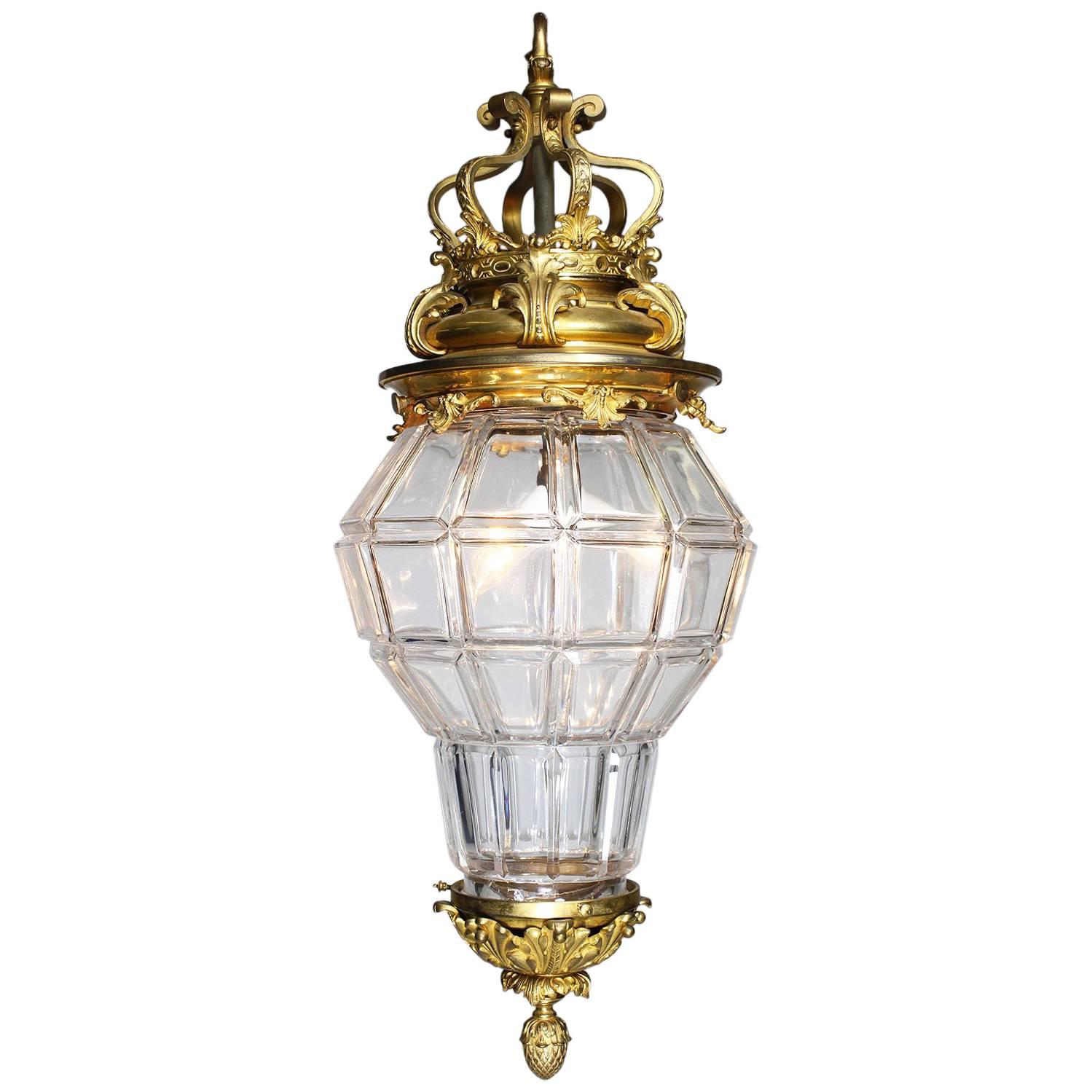 French 19-20th Century Gilt-Bronze & Molded Cut-Glass "Versailles" Style Lantern For Sale