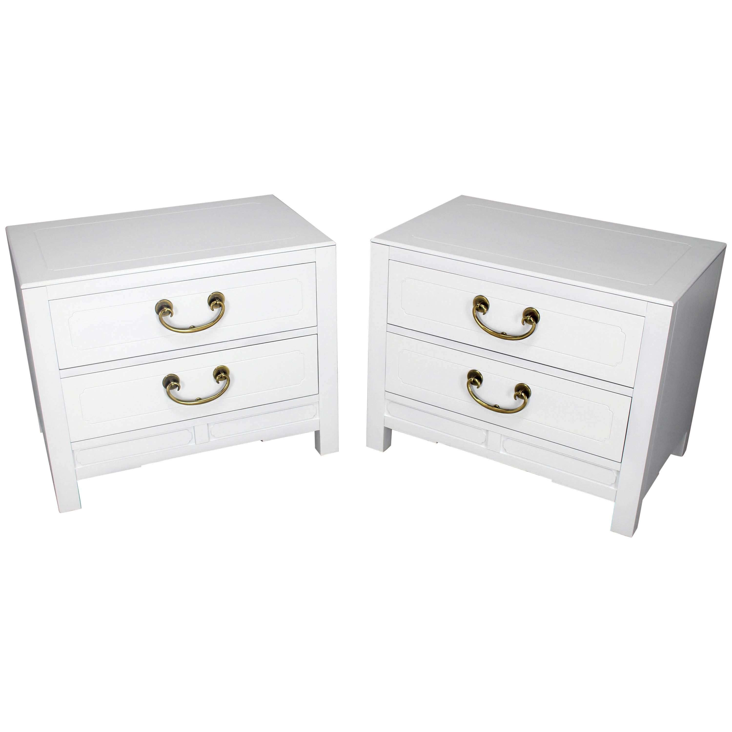 Pair of White Lacquer Brass Hardware Two-Drawer Cabinets or End Tables For Sale