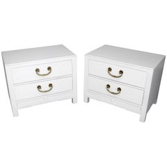 Pair of White Lacquer Brass Hardware Two-Drawer Cabinets or End Tables