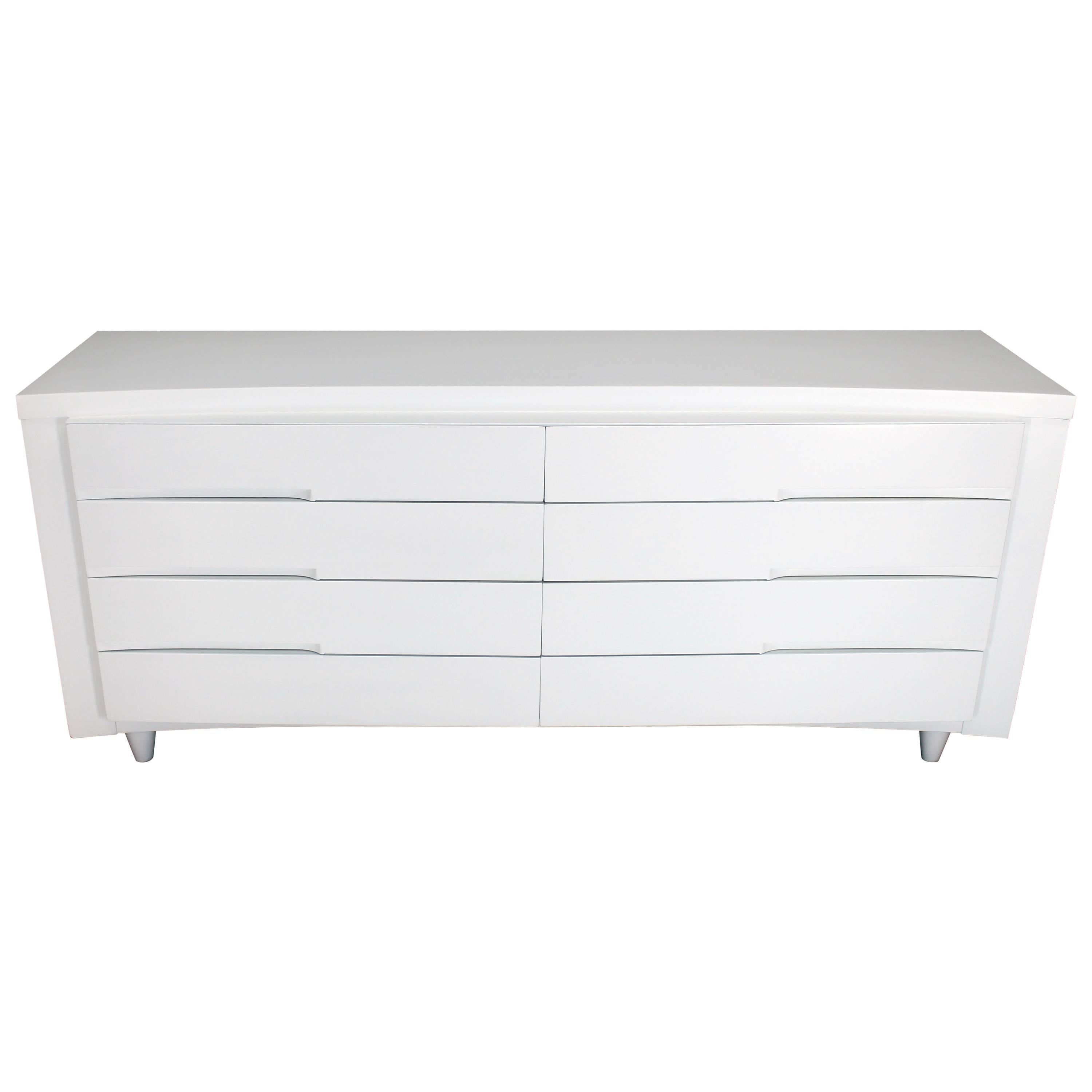 White Lacquer Eight Drawers Long Dresser Credenza Concave Front