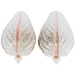 Pair of Pink and Clear Glass Murano Leaf Sconces