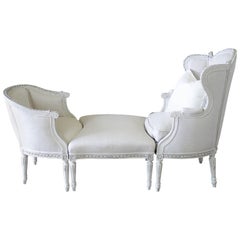 19th Century Louis XVI Style Three-Piece Chaise Brisse in Belgian Linen