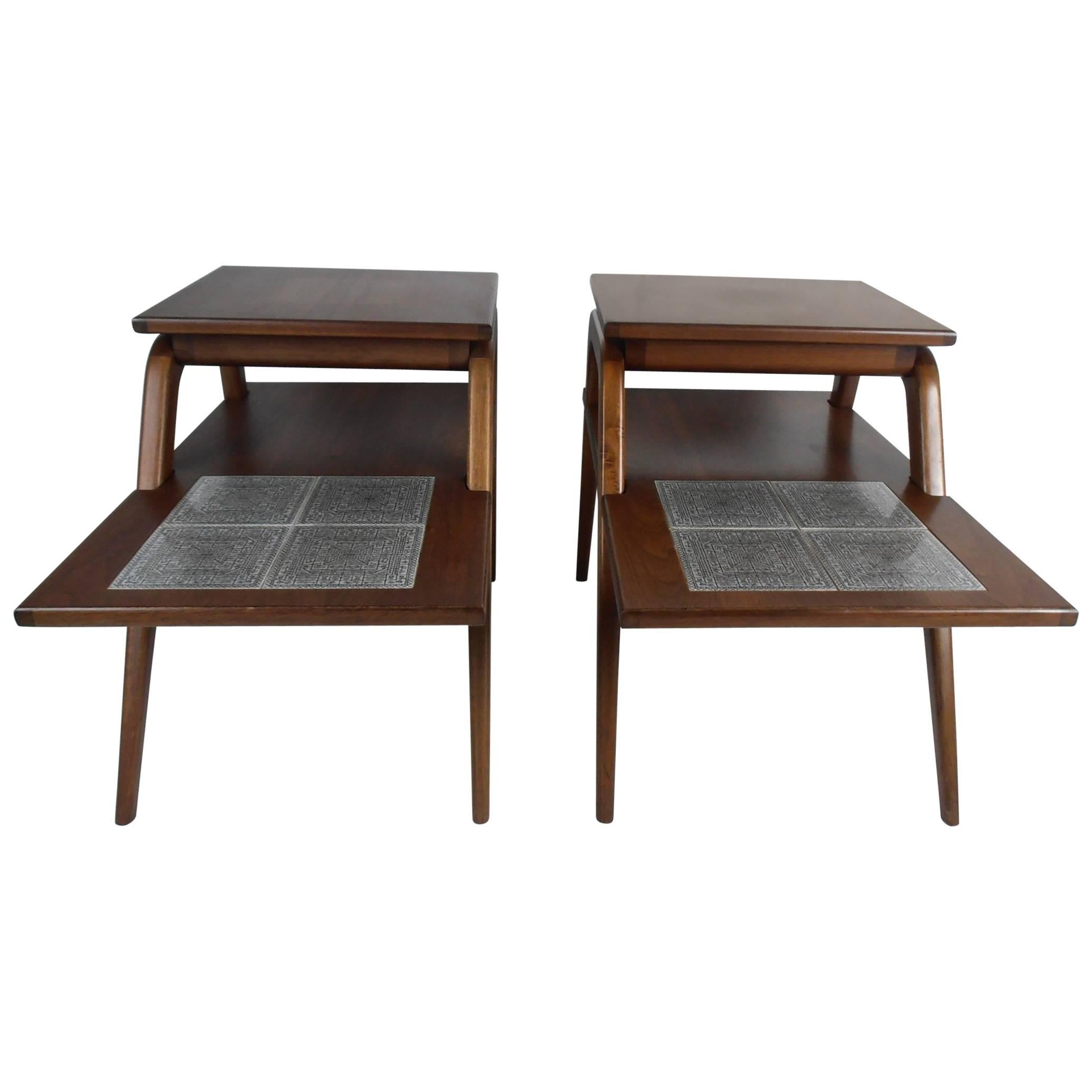 Pair of Mid-Century Modern Two-Tier End Tables with Tile Inlay