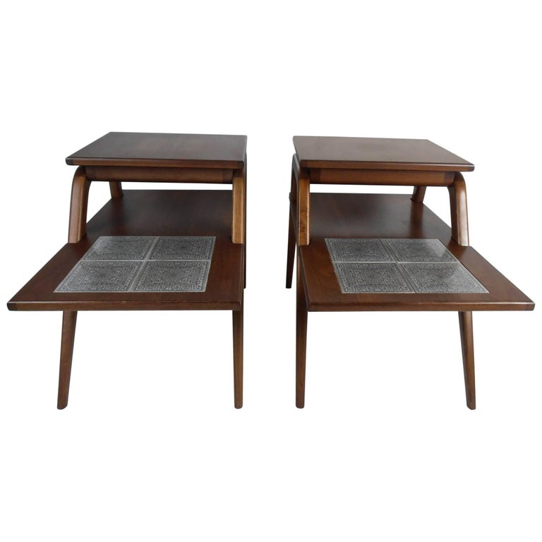 Pair of Mid-Century Modern Two-Tier End Tables with Tile Inlay For Sale at  1stDibs
