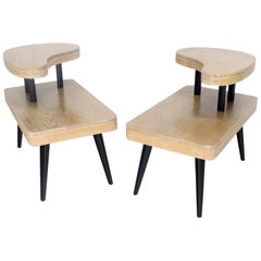 Cerused Oak Two-Tier Mid-Century Modern Organic Two-Tone End Tables Stands, Pair
