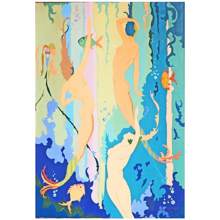 Mermaids In The Depth Of The Sea Art Deco Painting With Brilliant Color 1931