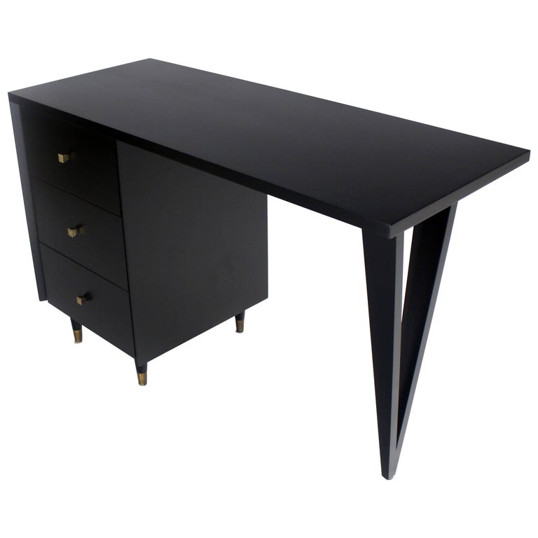 John Stuart Black Lacquer Brass Square Pull Tapered Leg Desk For Sale