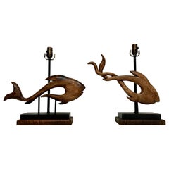 Pair of Midcentury Carved Wood Fish Sculptures Now as Lamps