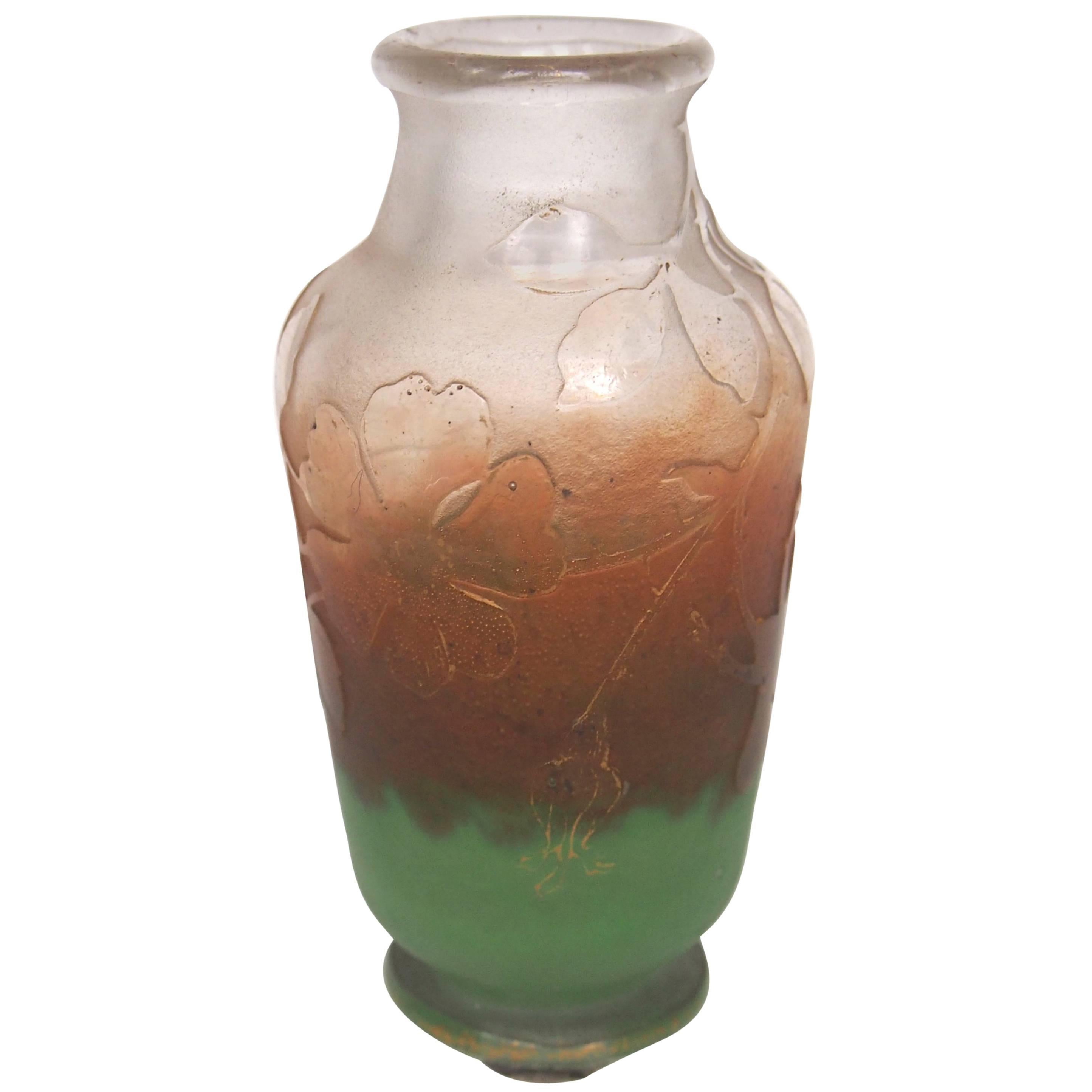 French Daum Signed Art Nouveau Butterfly Acid Cut Glass Back Vase circa 1900 For Sale