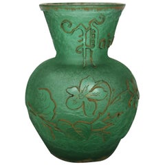 French Daum Art Nouveau Green Glass Acid Cut Back Parlant Vase Signed circa 1898