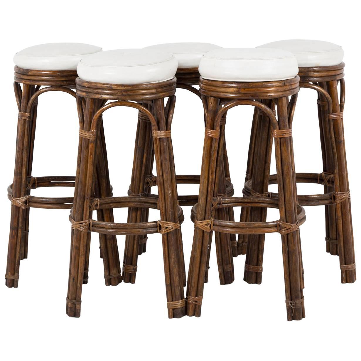 Mid Century Bamboo and Leather Bar Stools