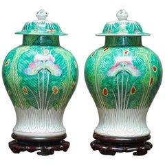 Vintage Pair of Chinese Qing Cabbage Leaf and Butterfly Ginger Jars
