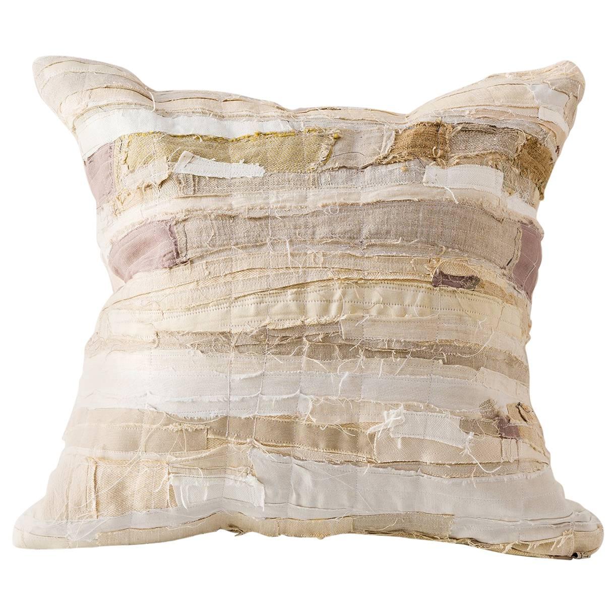 Harry Cushion in Piecework Stripe, Ecru Cream Natural Linen Colors For Sale