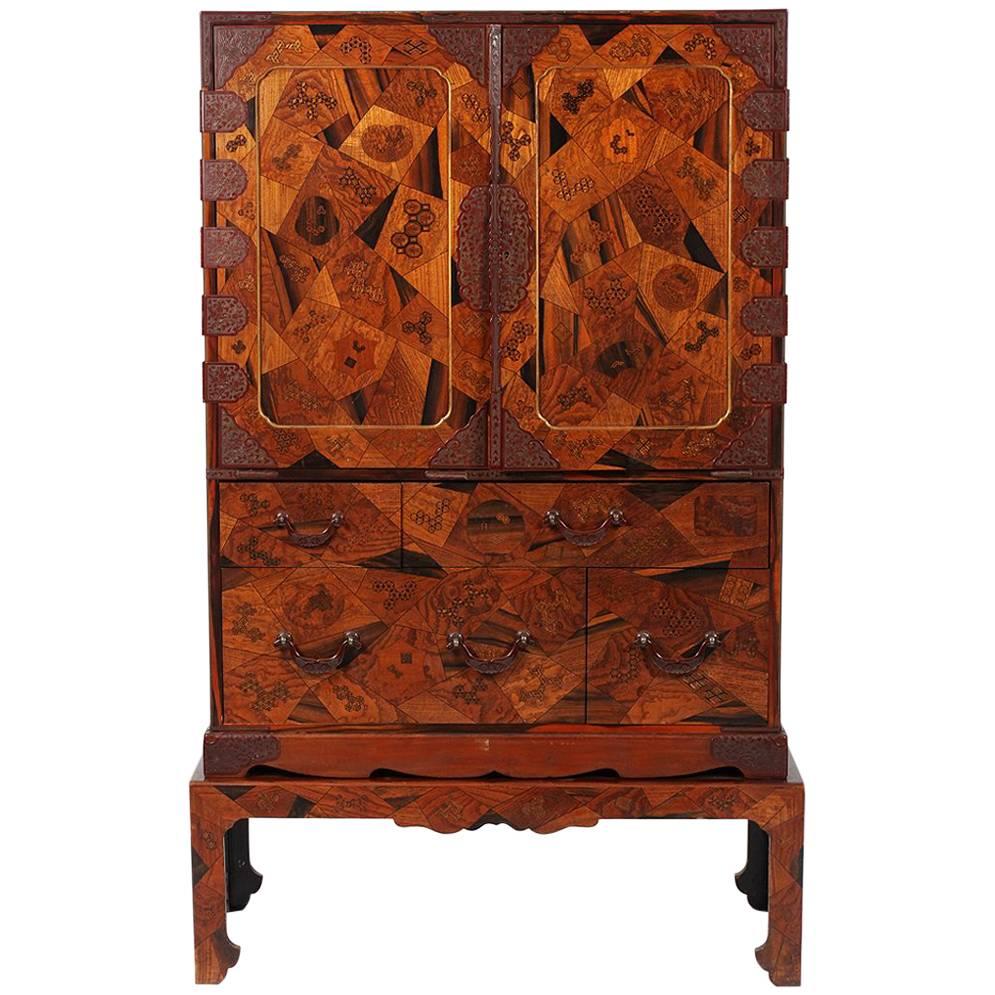 Rare Japanese Export Marquetry Cabinet with Drawers on Stand