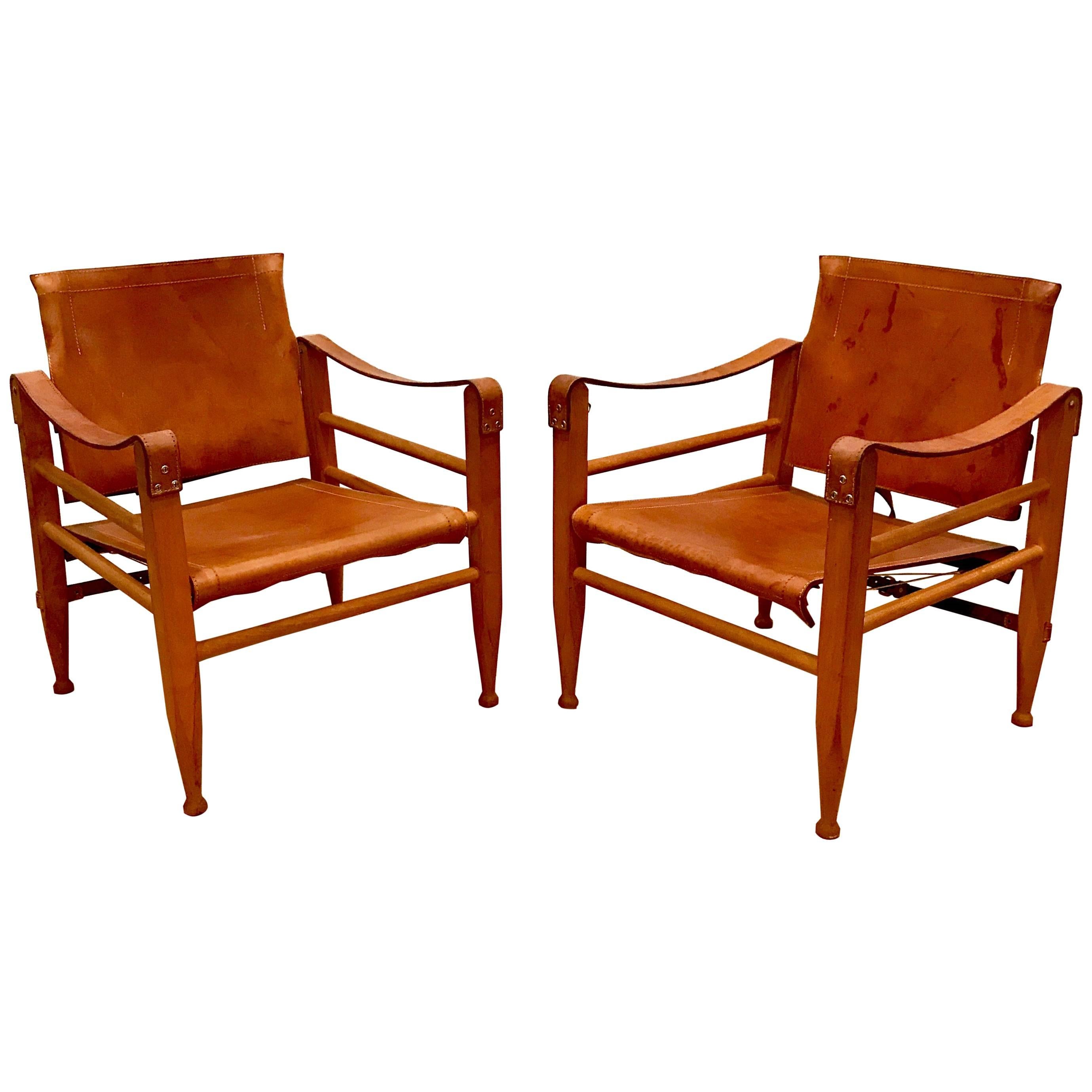 Pair of Danish Modern Wood and Leather Safari Chairs in the Style of Kaare Klint