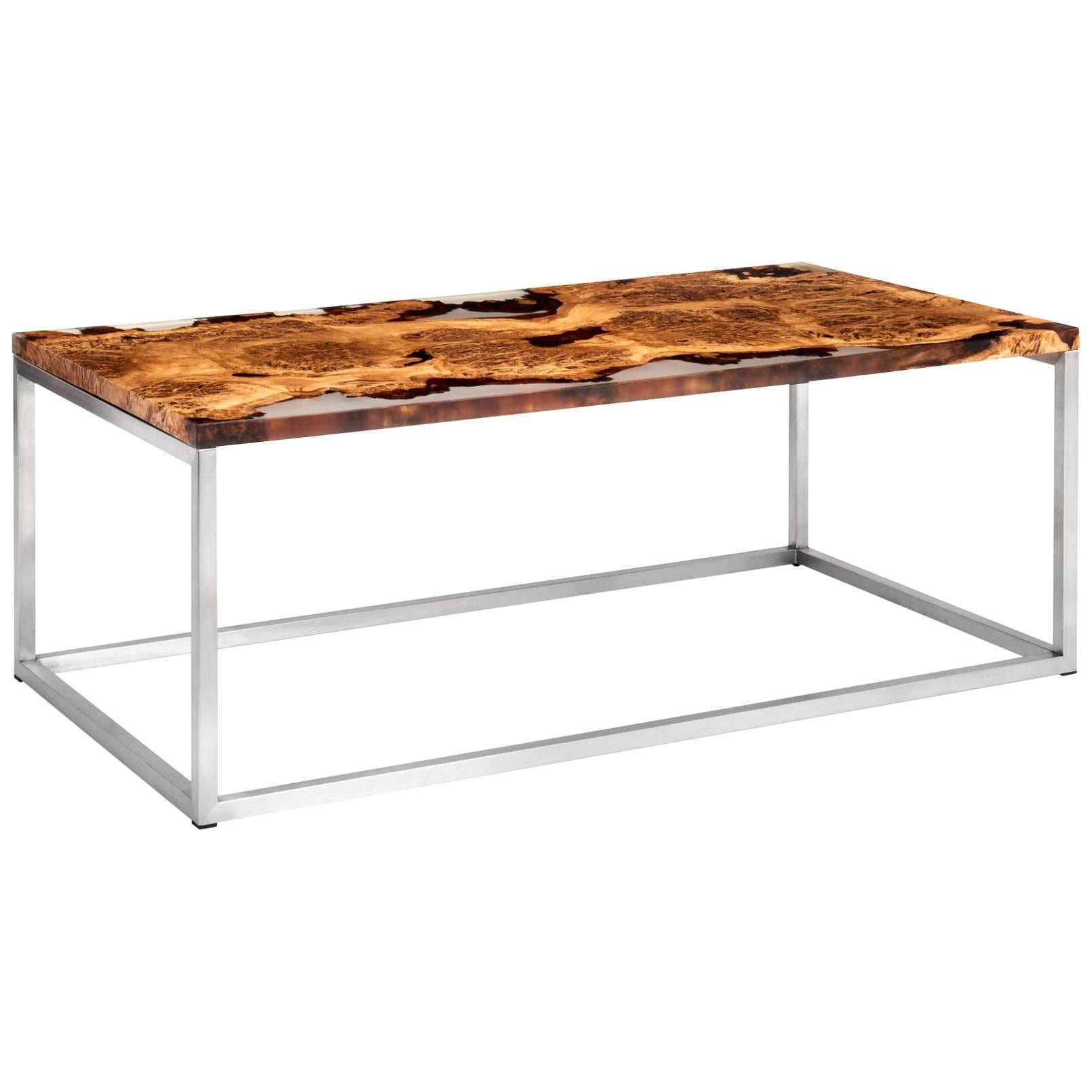 Contemporary Coffee Table in Oak Burr and Resin on Brushed Stainless Steel Base For Sale