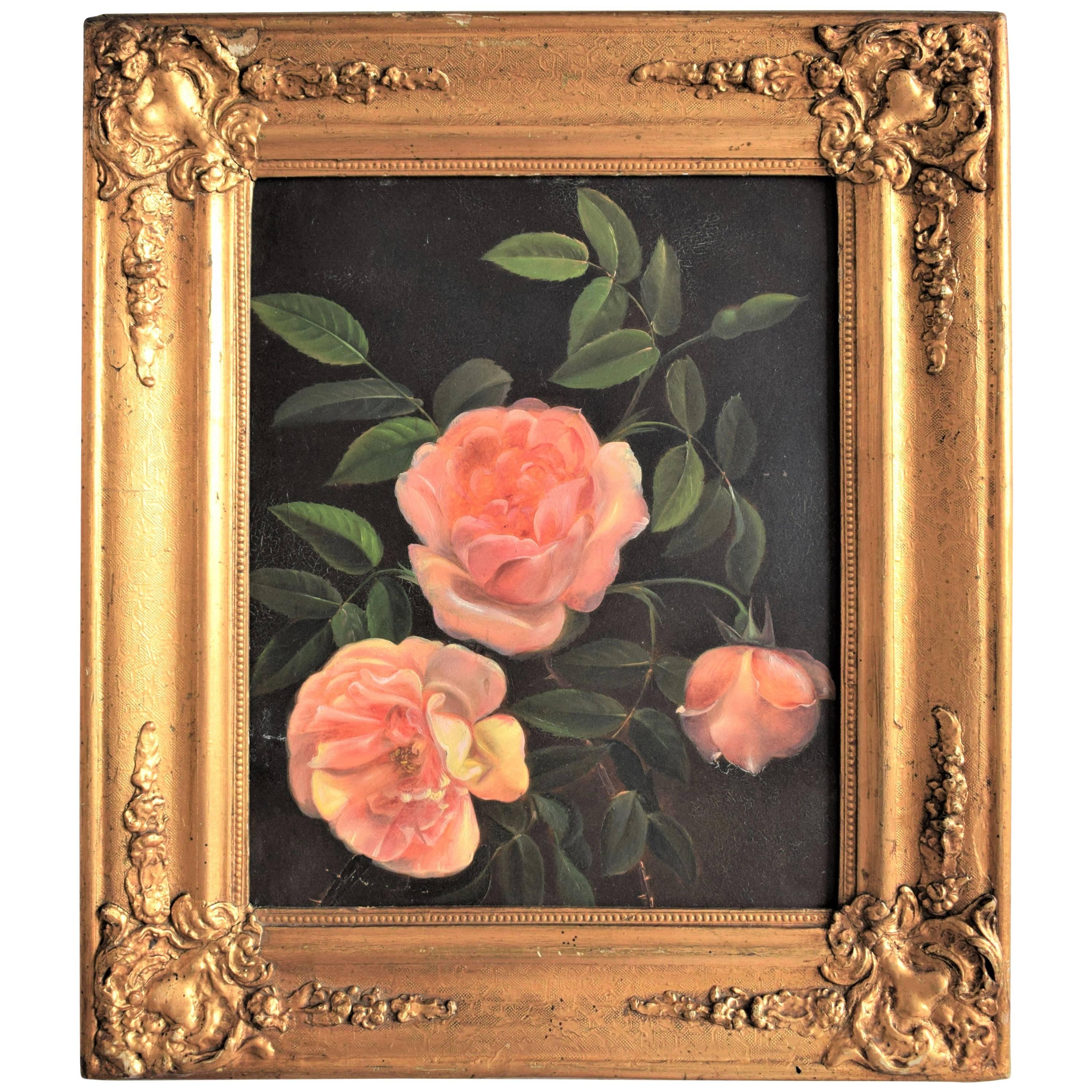 Oil Painting of Pink Roses from Mid-19th Century For Sale