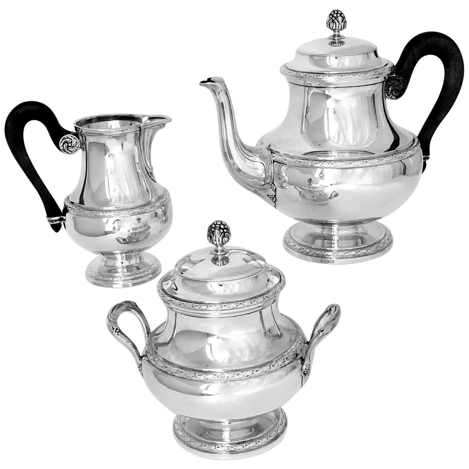 Puiforcat French Sterling Silver Tea Pot, Sugar Pot, Creamer, Neoclassical