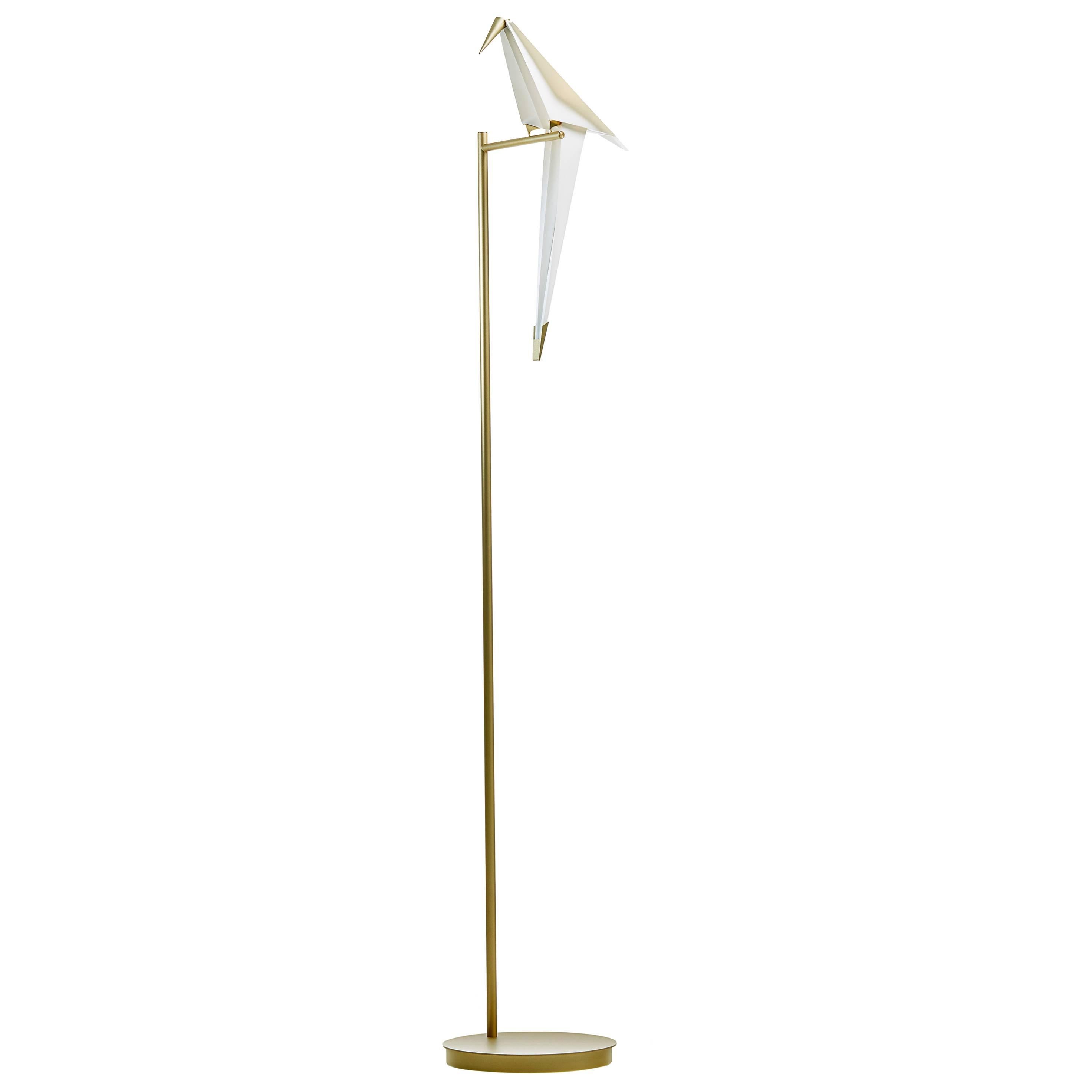 Moooi Perch LED Floor Lamp in Brass with White Bird For Sale