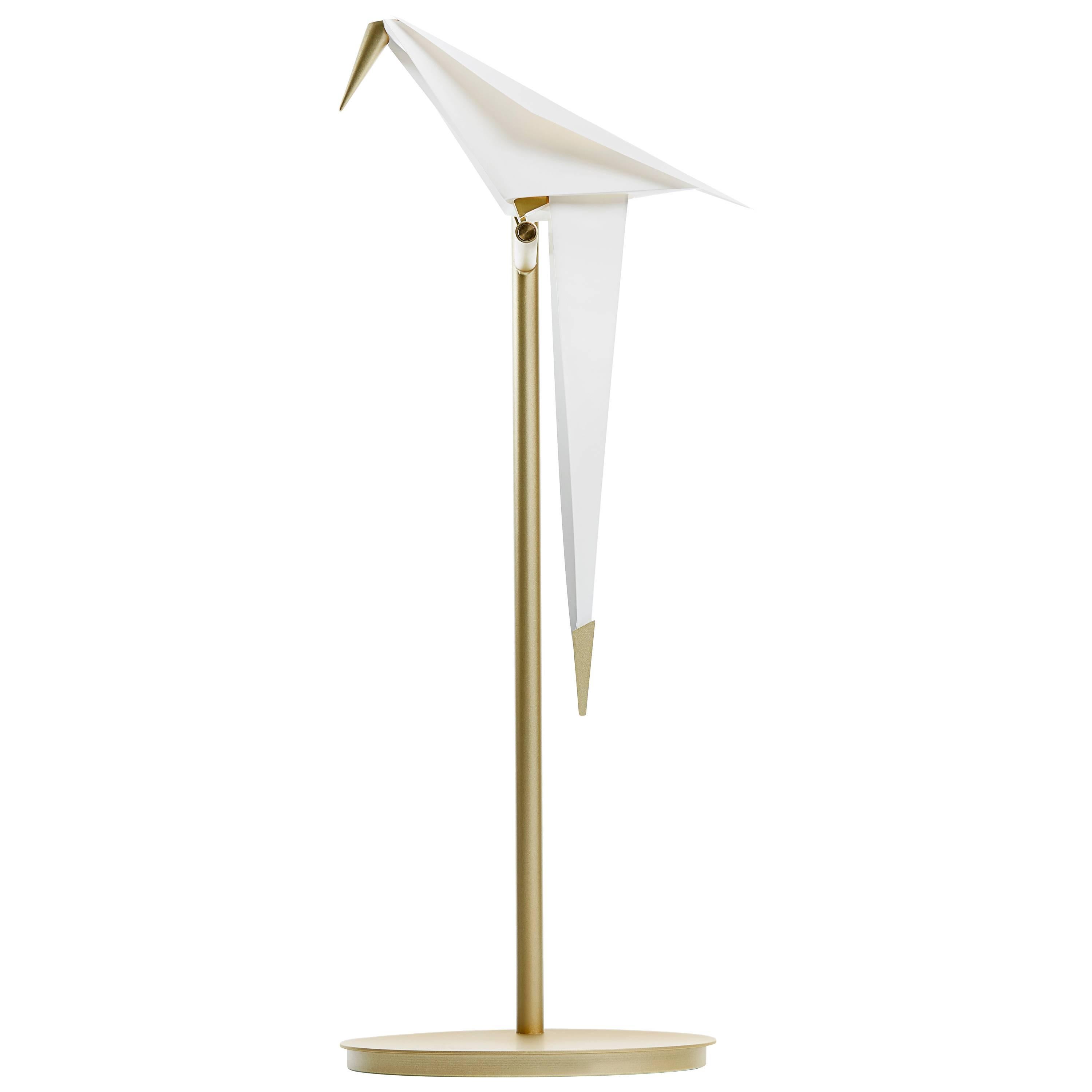 Moooi Perch LED Table Lamp in Brass with White Bird For Sale