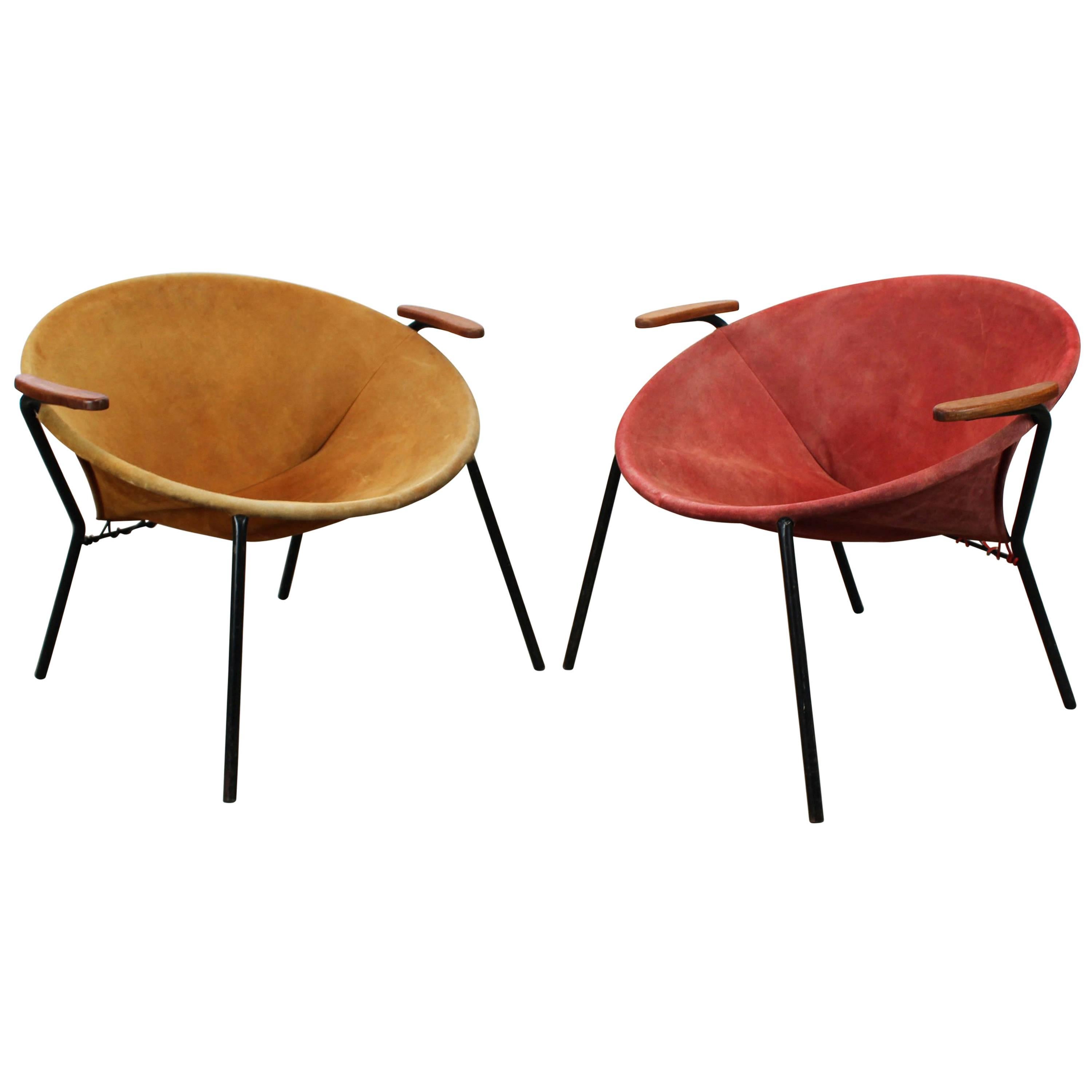 Pair of Colorful Balloon Lounge Chairs by Hans Olsen Teak Red Yellow Black, 1950