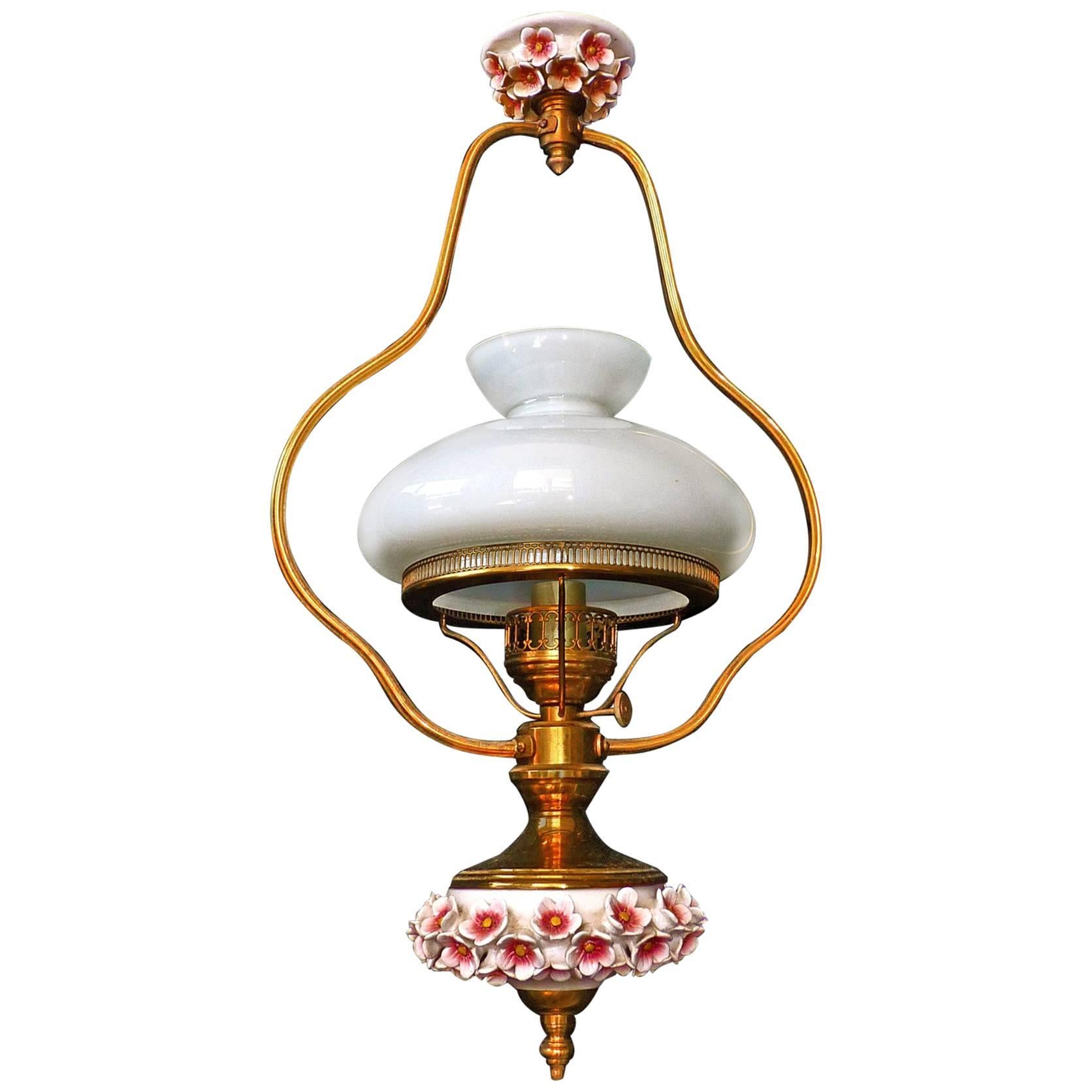French Pink Porcelain Flowers Chandelier/Gilt Victorian Library Hanging Oil Lamp