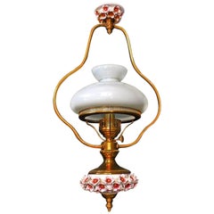 Retro French Pink Porcelain Flowers Chandelier/Gilt Victorian Library Hanging Oil Lamp