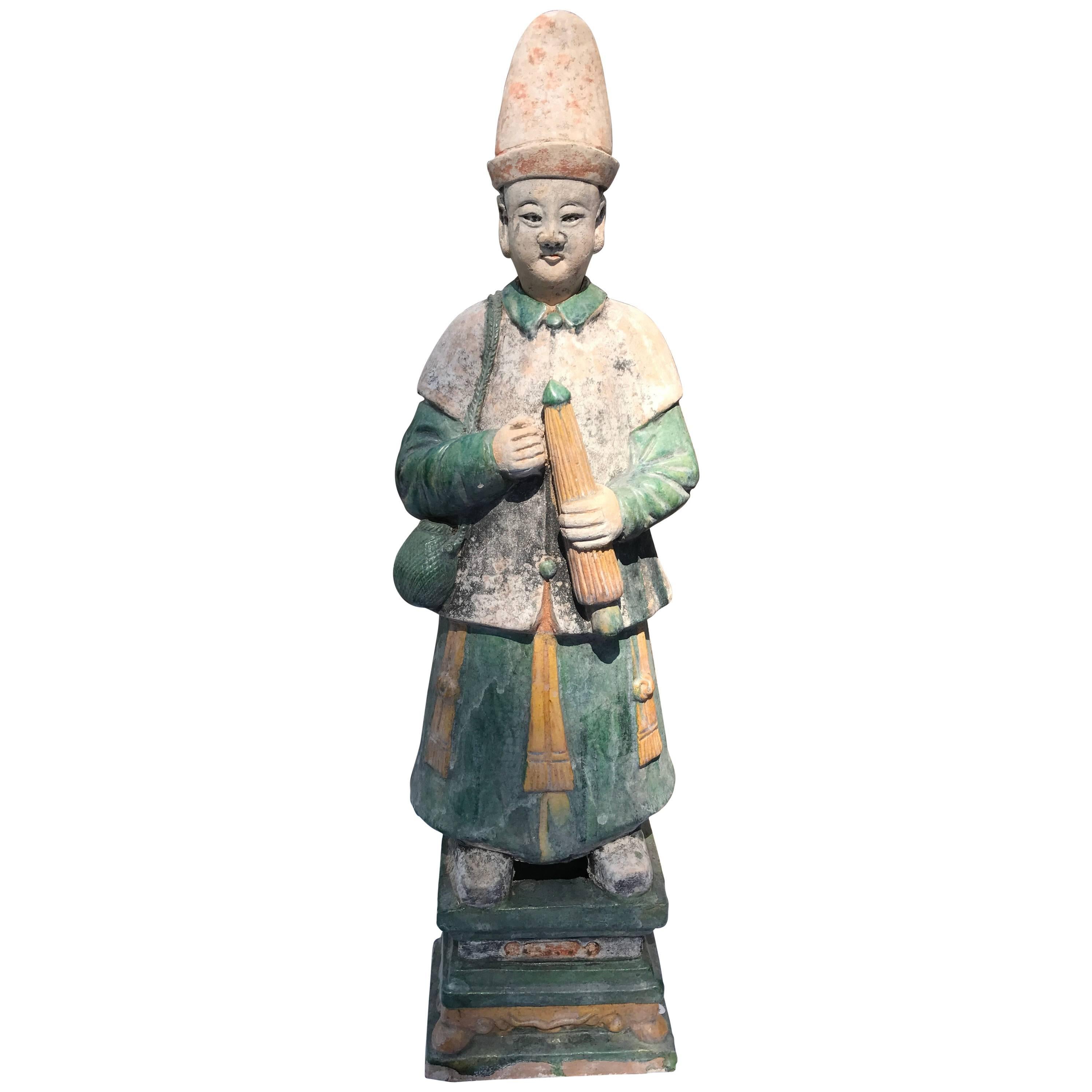 Important Monumental Ancient China Ming Tomb Umbrella Man Sculpture, 1368-1644