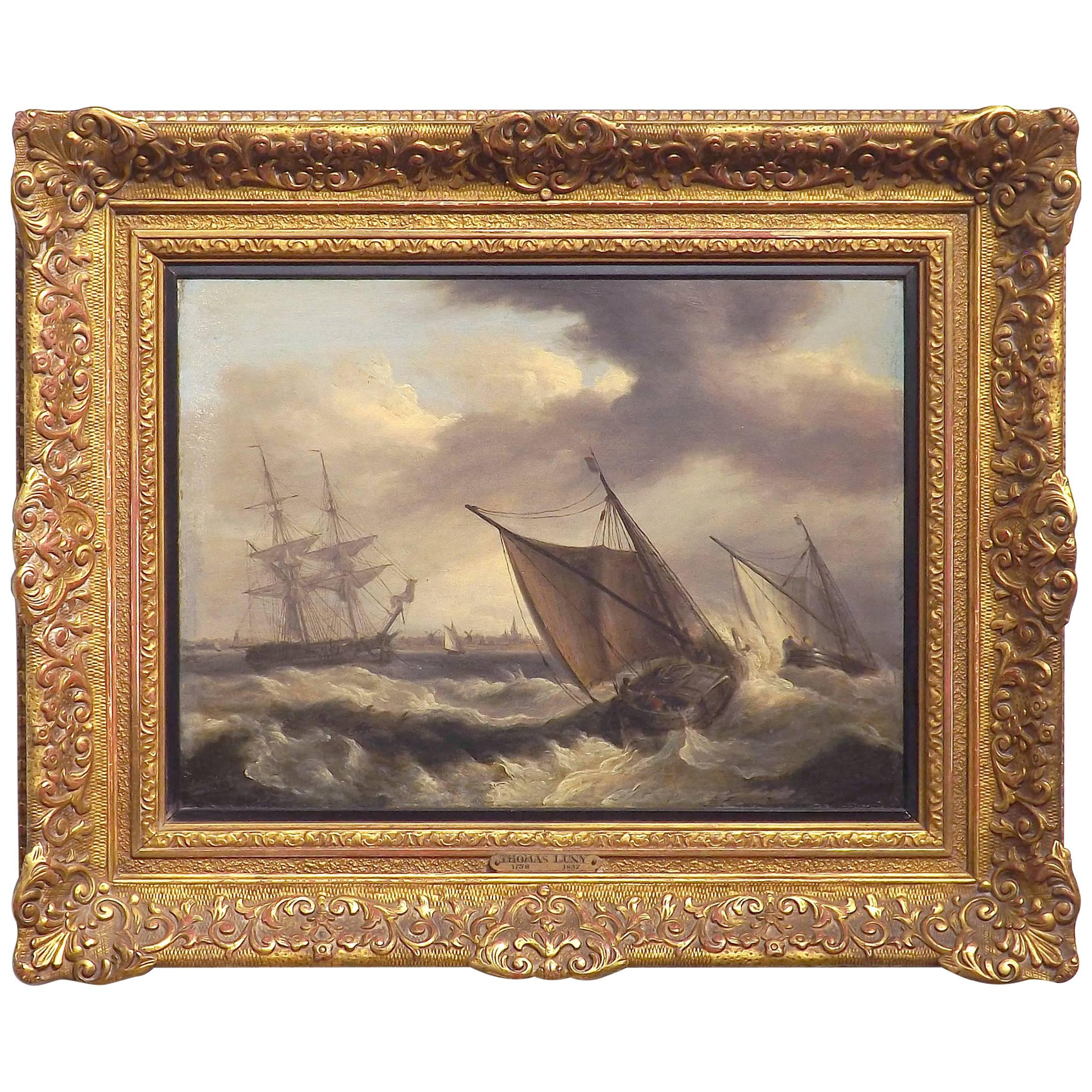 Original Oil Painting of Fishing Boats on Rough Seas by Thomas Luny Dated 1832