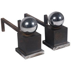 Pair of Adnet Style Chrome Ball Andirons, French, 1950s