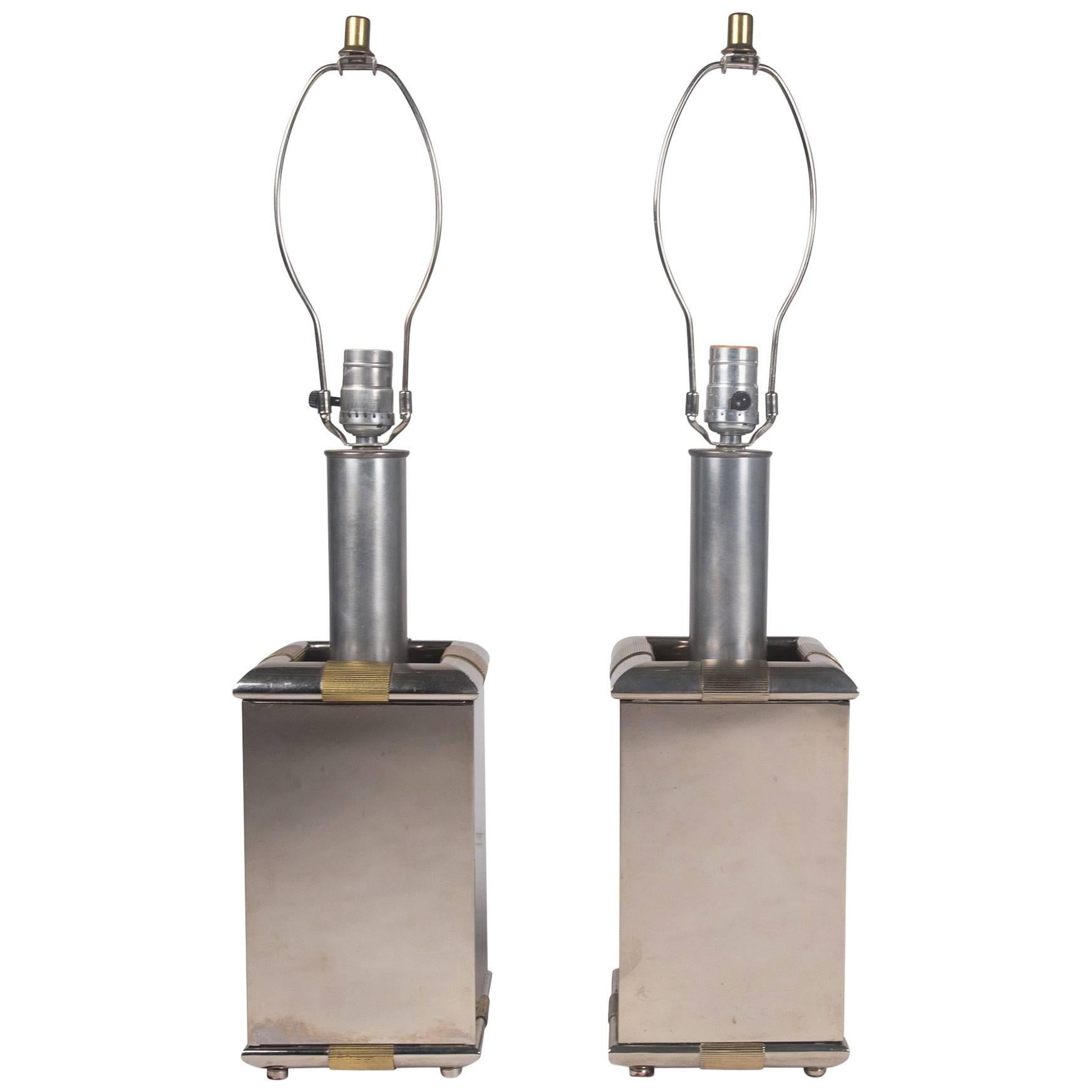 Pair of Chrome and Brass Table Lamps by Tommaso Barbi, Italian, 1970s For Sale