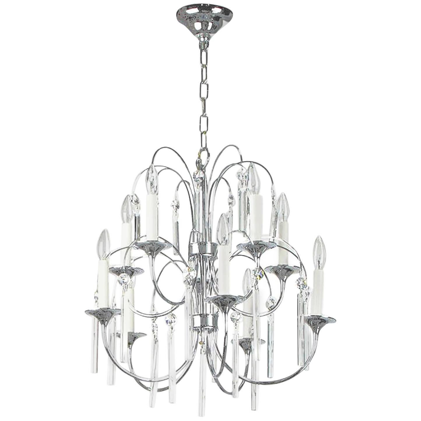 Italian Chrome and Crystal Ten-Arm Waterfall Chandelier For Sale