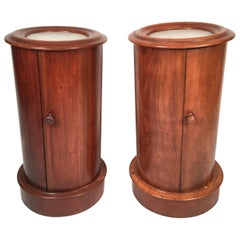 Antique Pair of Mahogany Marble-Top Column Nightstands or End Tables