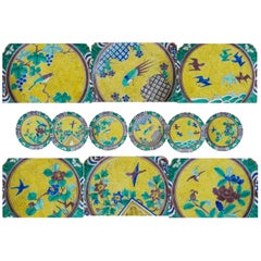 Japanese Porcelain Set of Six Yellow & Green Bird-Decorate Plates, 19th Century