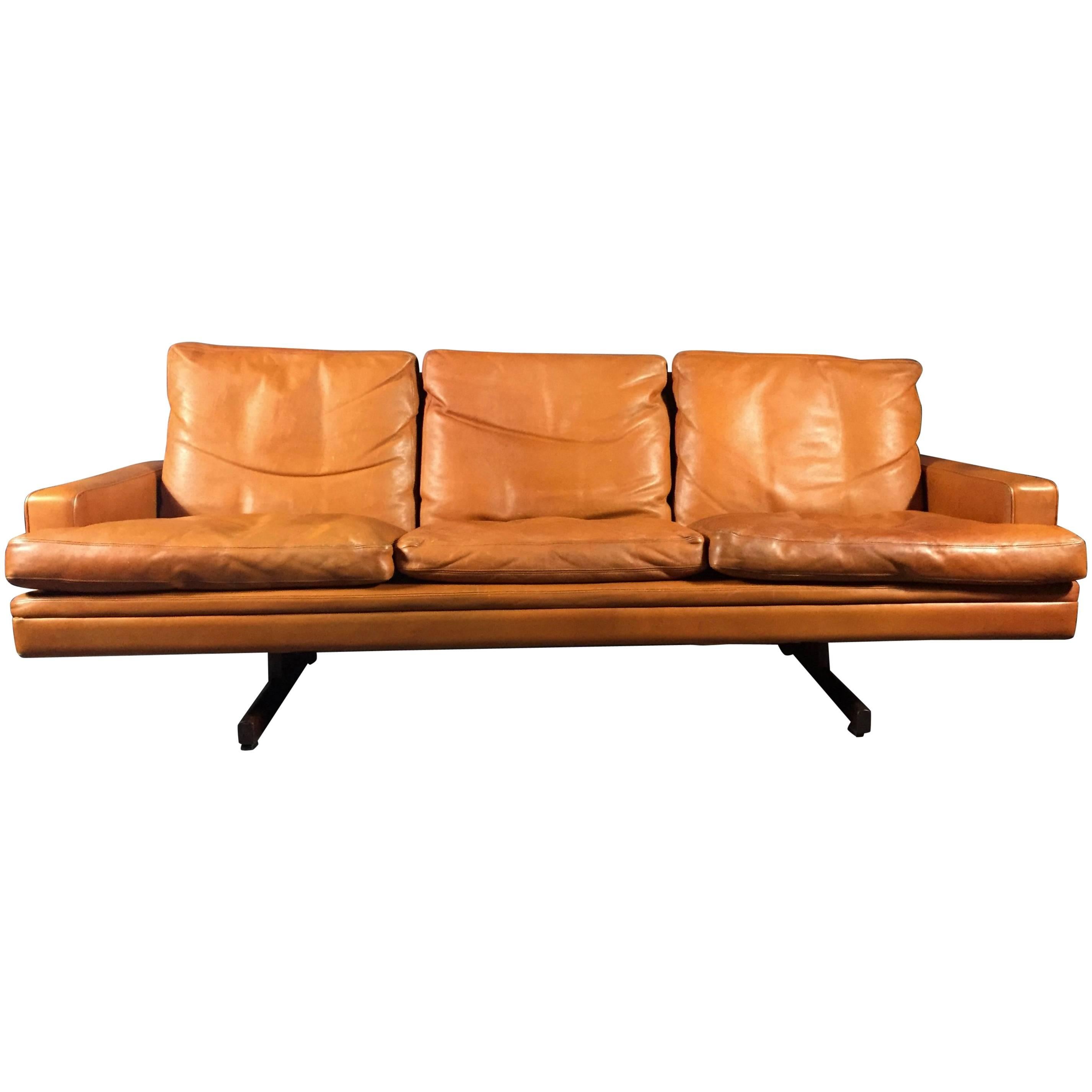 Fredrik A. Kayser Three-Seat Leather and Rosewood Sofa, Norway, 1960s
