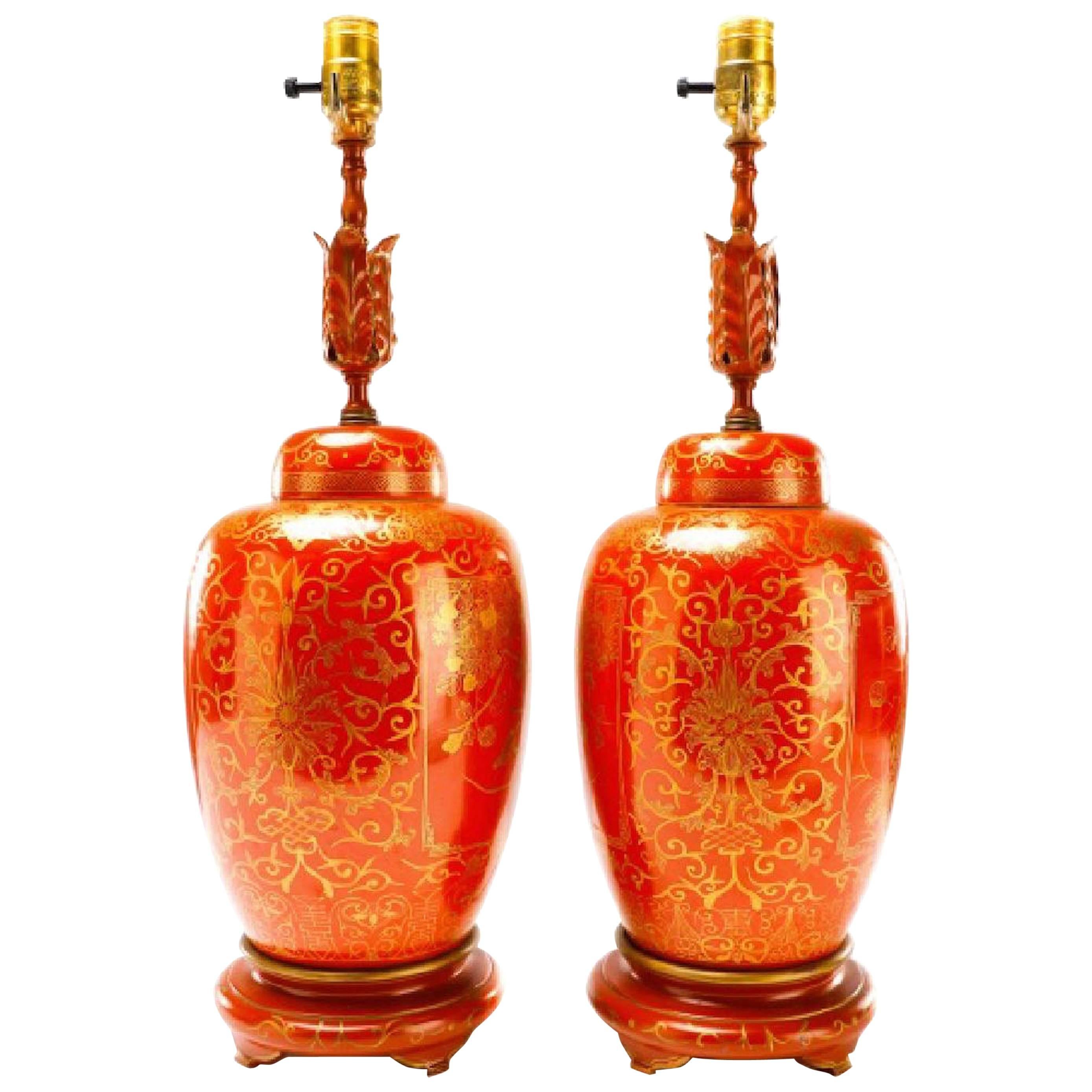 Pair of Orange and Gilt Chinese Famille Verte Ginger Jars, Now as Lamps