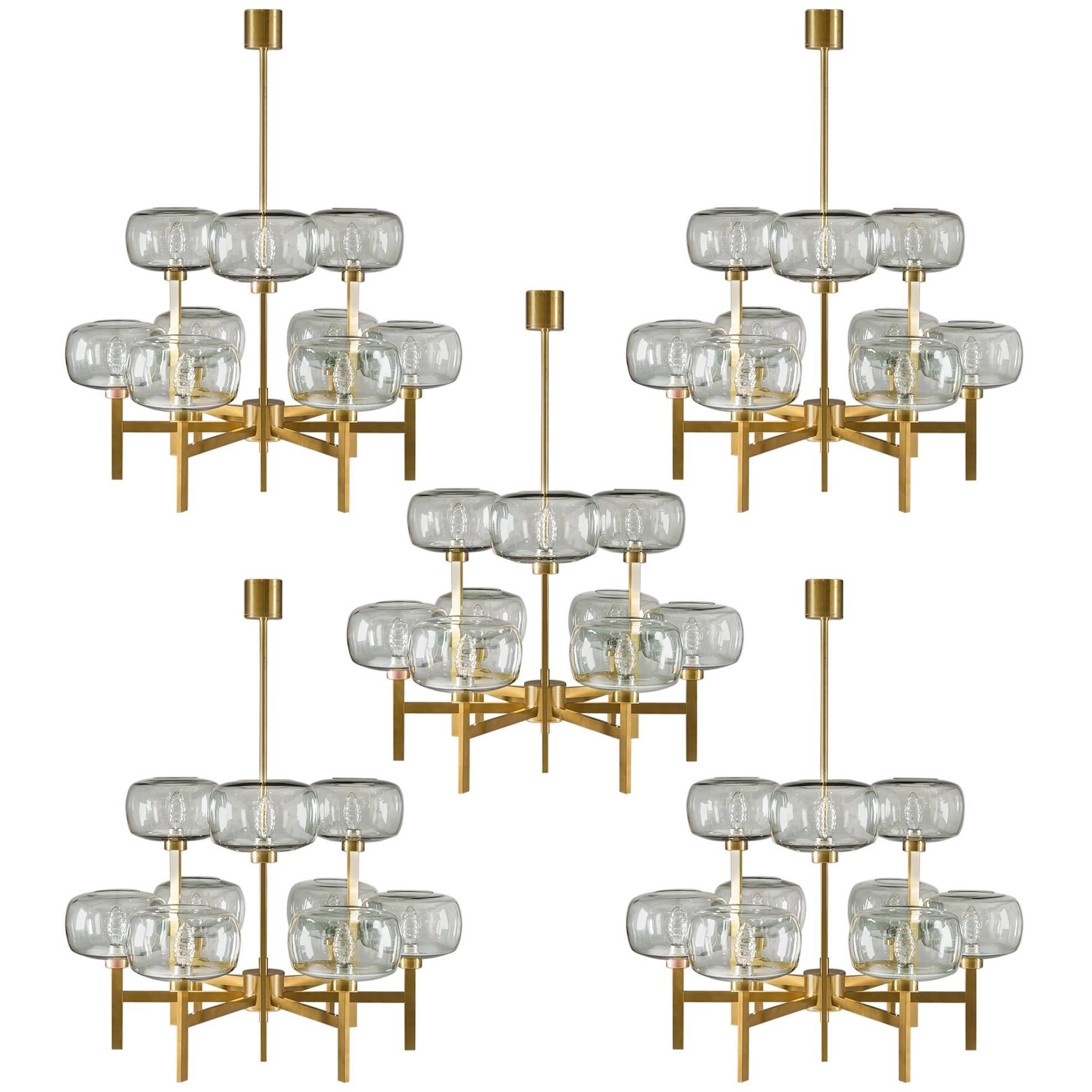 Five Swedish Chandeliers in Brass and Glass by Holger Johansson