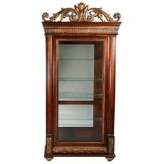 Vintage Pair of Carved Mahogany Lighted Mirror Back Curio Cabinets, 20th Century