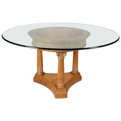 Classical White Washed Corinthian Column Glass Top Dining Table, 20th Century