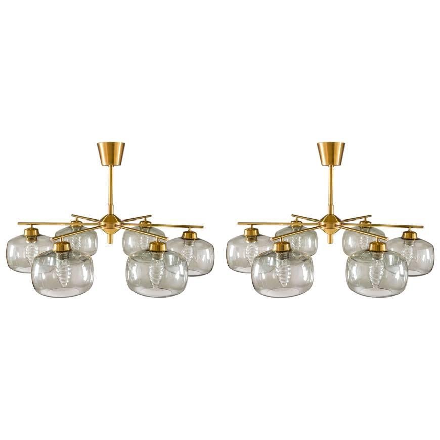 Pair of Swedish Chandeliers in Brass and Glass by Holger Johansson